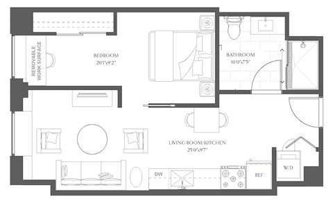 a floor plan of a house with a bedroom and a living room